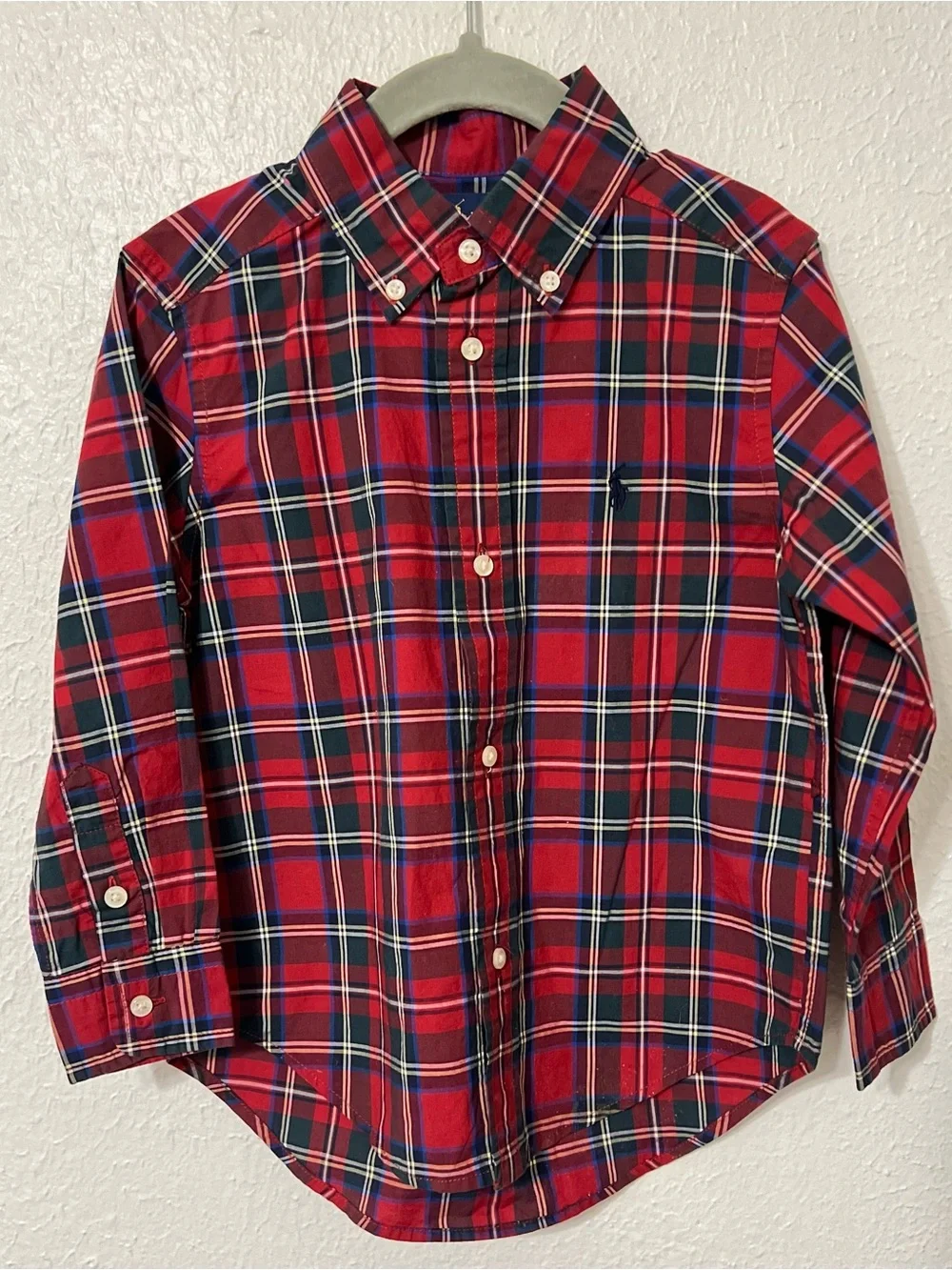 Ralph Lauren Boys Red Plaid Button-Down Shirt with Green Accents Christmas